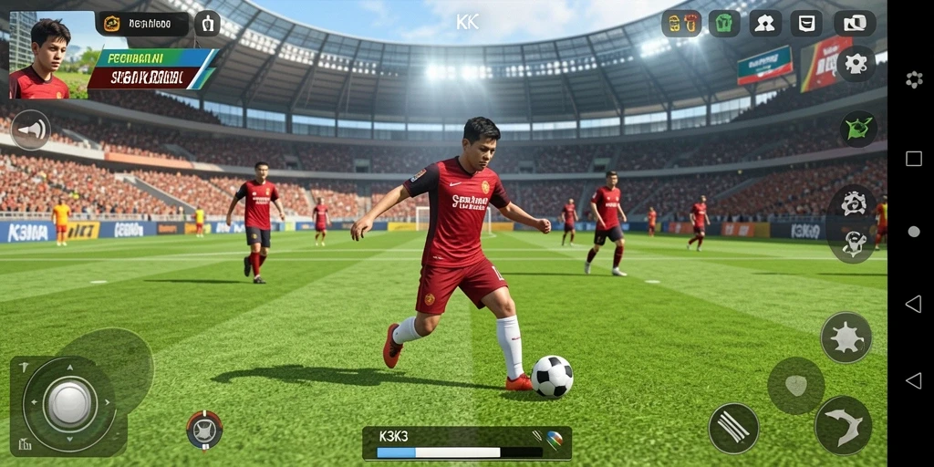 Tampilan gameplay K3K3 yang menarik dengan aksi sepak bola yang seru.