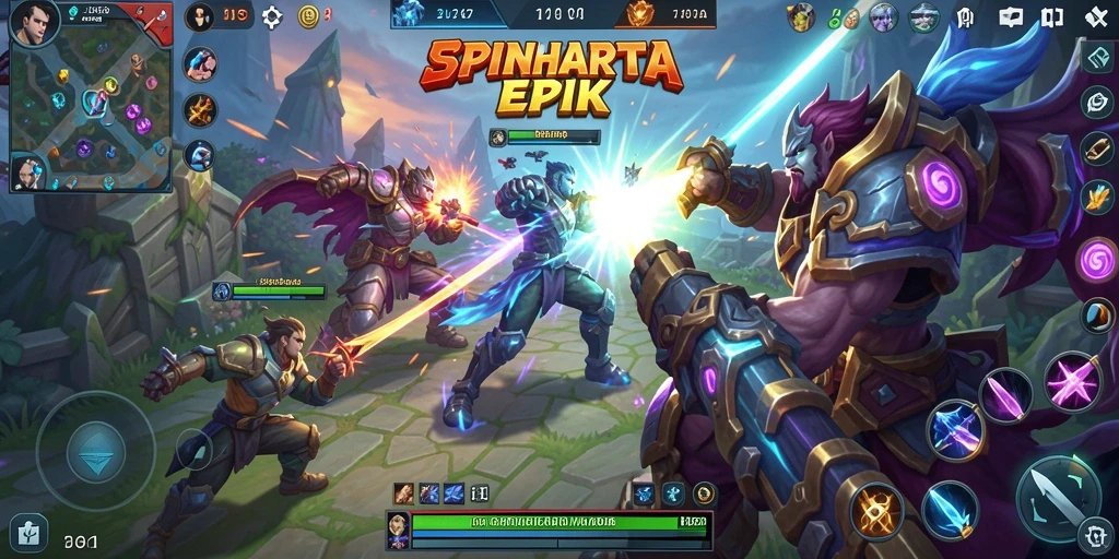 Tampilan menegangkan dari battlefield <strong>SPINHARTA</strong> dalam game MOBA.